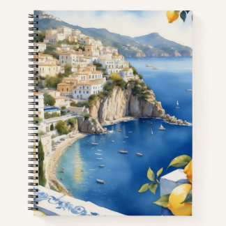 Aquarell-Landschaft der Amalfiküste mit Zitronenba Notizblock