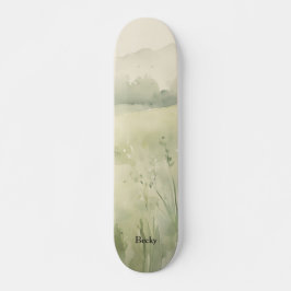 Aquarell-Landschaft Grün Beige Wildblumen Skateboard