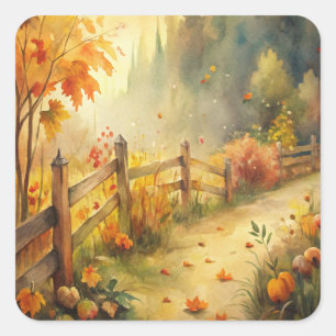 Aquarell-Landschaft im rustikalen Herbstlook  Quadratischer Aufkleber