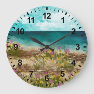 Aquarell-Landschafts-Meeresufer-Wildblumen-Uhr Große Wanduhr