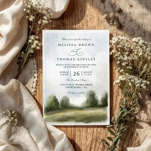 Aquarell-Landschafts-QR-Code-Hochzeit Einladung