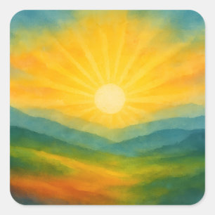 Aquarell-Landschaftsmalerei Sonnenaufgang Quadratischer Aufkleber