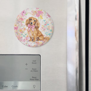 Aquarell Langhaar-Dachshund Pastell-Blumen Magnet