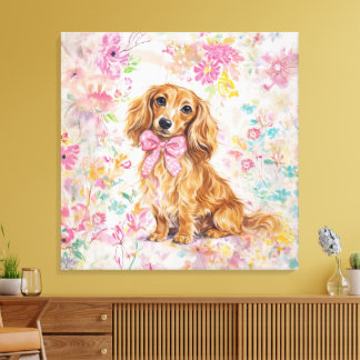 Aquarell Langhaar-Dachshund Pastell Blumenmuster Leinwanddruck
