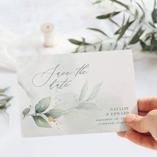 Aquarell-Laub und metallisch goldene Hochzeit Save The Date