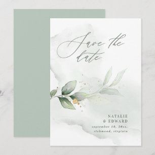 Aquarell-Laub und metallisches Gold Hochzeit Save The Date