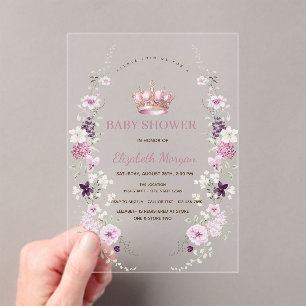 Aquarell-Lavendel-Blumenbogen-Kronen-Baby-Party Acryleinladungen