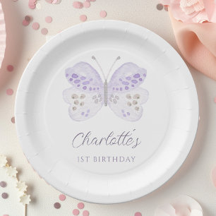 Aquarell-Lavendel-Schmetterling 1. Geburtstagsfeie Pappteller