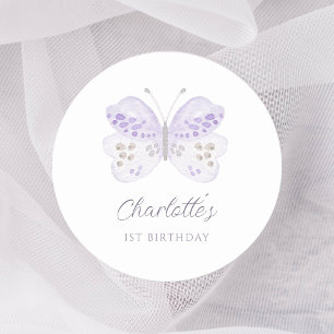 Aquarell-Lavendel-Schmetterling 1. Geburtstagsfeie Runder Aufkleber
