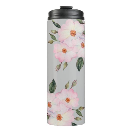 Aquarell Lebende rosa Rosen Moderne Grau Thermosbecher (Vorderseite)