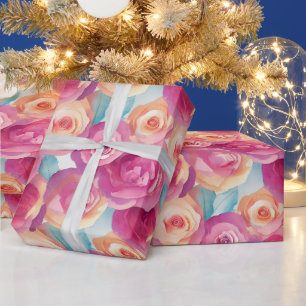 Aquarell Lebendig Gemalte Rosa Frühlingsblumen Geschenkpapier