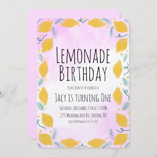 Aquarell Lemon Birthday Pink Yellow Border Art Einladung (Vorne/Hinten)