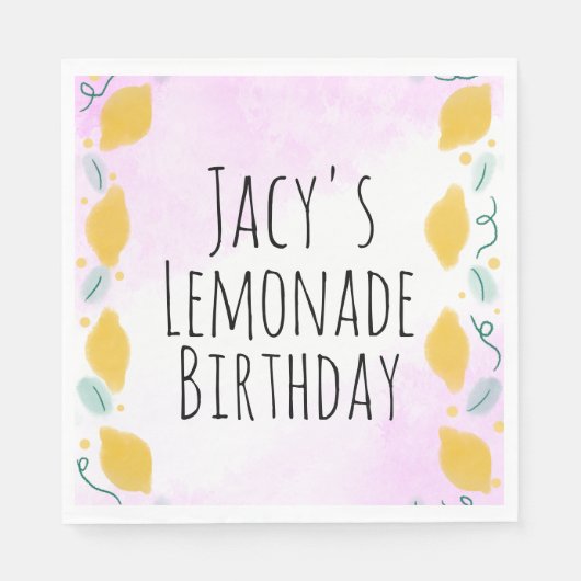 Aquarell Lemon Birthday Pink Yellow Border Art Serviette (Vorderseite)