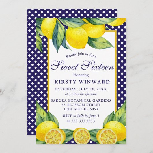 Aquarell Lemon Floral Blue Polka Dot Sweet 16 Einladung (Vorne/Hinten)
