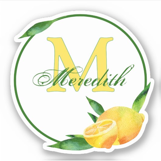 Aquarell #Lemons Monogramm u. Namen-Grün + Gelb Aufkleber (Vorderseite)