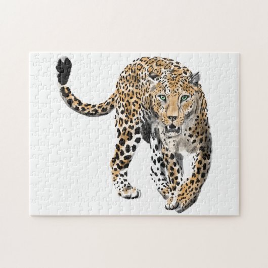 Aquarell-Leopard-Dschungelkatze gemaltes Tier grün Puzzle (Horizontal)