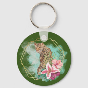 Aquarell-Leopard und tropischer Rahmen Schlüsselanhänger