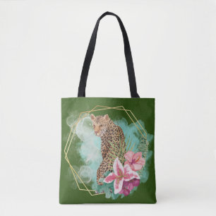Aquarell-Leopard und tropischer Rahmen Tasche