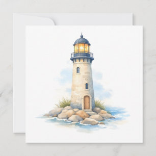 Aquarell-Leuchtturm auf den Felsen Karte