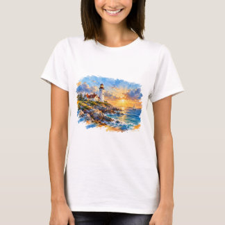 Aquarell-Leuchtturm bei Sonnenuntergang Küstenkuns T-Shirt
