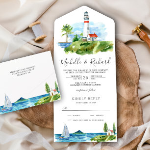 Aquarell-Leuchtturm-Küsten-Themen-Hochzeit All In One Einladung