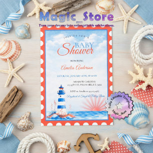 Aquarell Leuchtturm Maritim Ozean Sonnenuntergang  Einladung