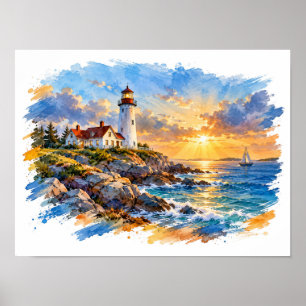 Aquarell Leuchtturm nach dem Sturm Poster