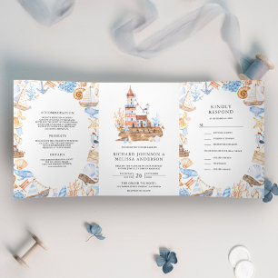 Aquarell-Leuchtturm-nautische Hochzeit Dreifach Gefaltete Einladung