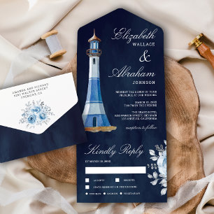 Aquarell-Leuchtturm-Navy-Blue-nautische Hochzeit All In One Einladung