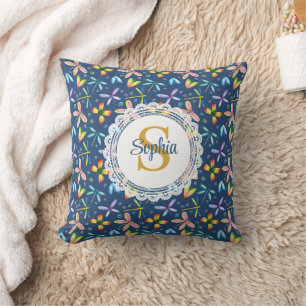 Aquarell-Libelle Blumen & Monogramm Navyblau Kissen