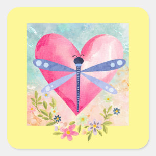 Aquarell-Libelle Frühling, Herz, Blumen Quadratischer Aufkleber