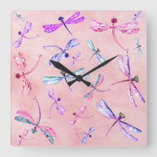 Aquarell-Libellen-rosa Lavendel-blaues Weiß Quadratische Wanduhr