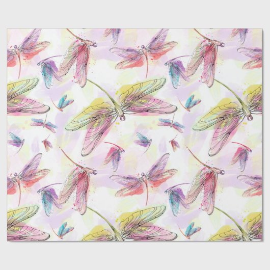 Aquarell-Libellen-rosa Lavendel-Gelb-Weiß Geschenkpapier (Flach)