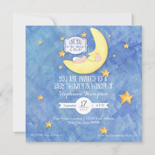 Aquarell Liebe Auf dem Mond Babydusche Einladung (Vorderseite)