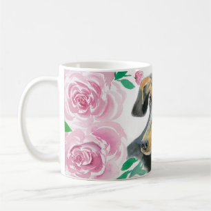 Aquarell-Liebe einer Dachshund mit rosa Rosen Kaffeetasse