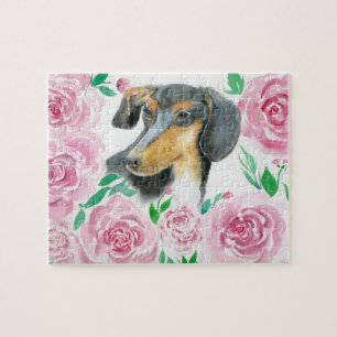 Aquarell-Liebe einer Dachshund mit rosa Rosen  Puzzle