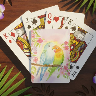 Aquarell-Liebesvögel mit rosa Blumen Spielkarten