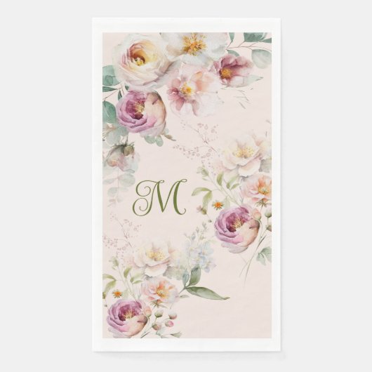 AQUARELL LIEBLICHES ROSA BLUMENMONOGRAMM INITIALE SERVIETTE (Vorderseite)