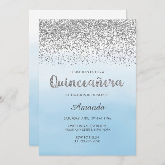 Aquarell Light Blue und Silver Glam Quinceñera Einladung (Vorne/Hinten)