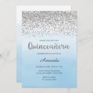 Aquarell Light Blue und Silver Glam Quinceñera Einladung