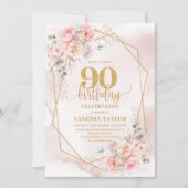 Aquarell Light Pink Gold Blume 90. Einladung (Vorderseite)