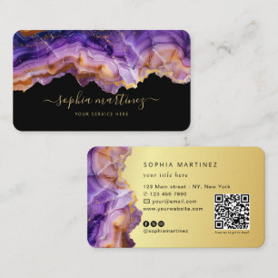 Aquarell Lila Achat Gold Glitter & QR Code Visitenkarte