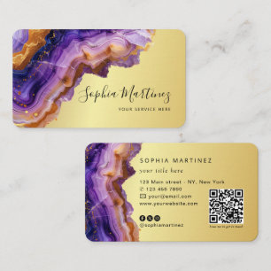 Aquarell Lila Achat Gold Glitter & QR-Code Visitenkarte