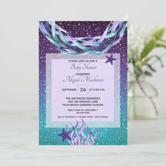 Aquarell Lila + Aquamarin unter der Meerwasserdusc Einladung (Stehend Vorderseite)