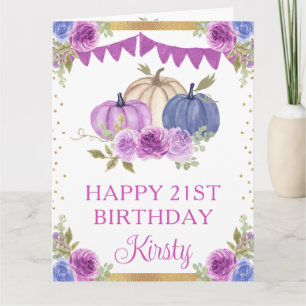 Aquarell-Lila-Blau-Floral-Kürbis-Geburtstag Karte