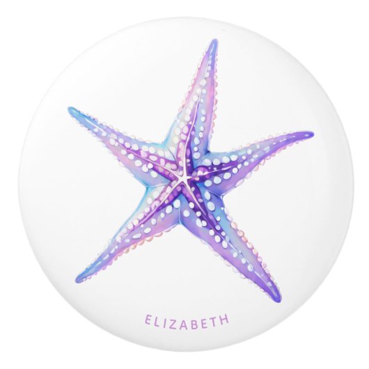 Aquarell Lila Blue Beach Starfish Küste Keramikknauf (Vorderseite)