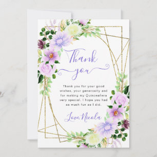 Aquarell Lila Blumen Goldrahmen Quinceanera Dankeskarte