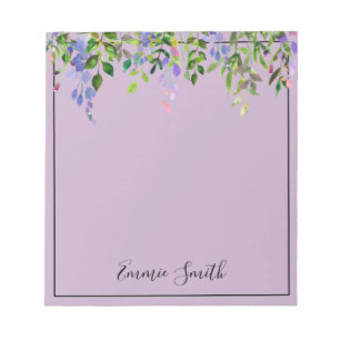 Aquarell Lila Blumen Grün Blätter Personalisiert Notizblock