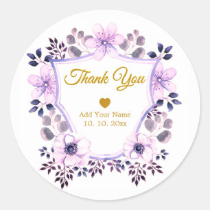 Aquarell Lila Blumen und Gold "Danke" Runder Aufkleber