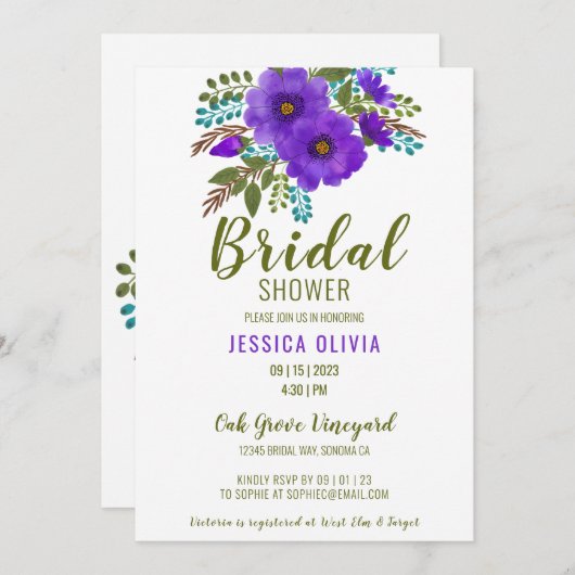 Aquarell Lila Blumendusche Einladung (Vorne/Hinten)